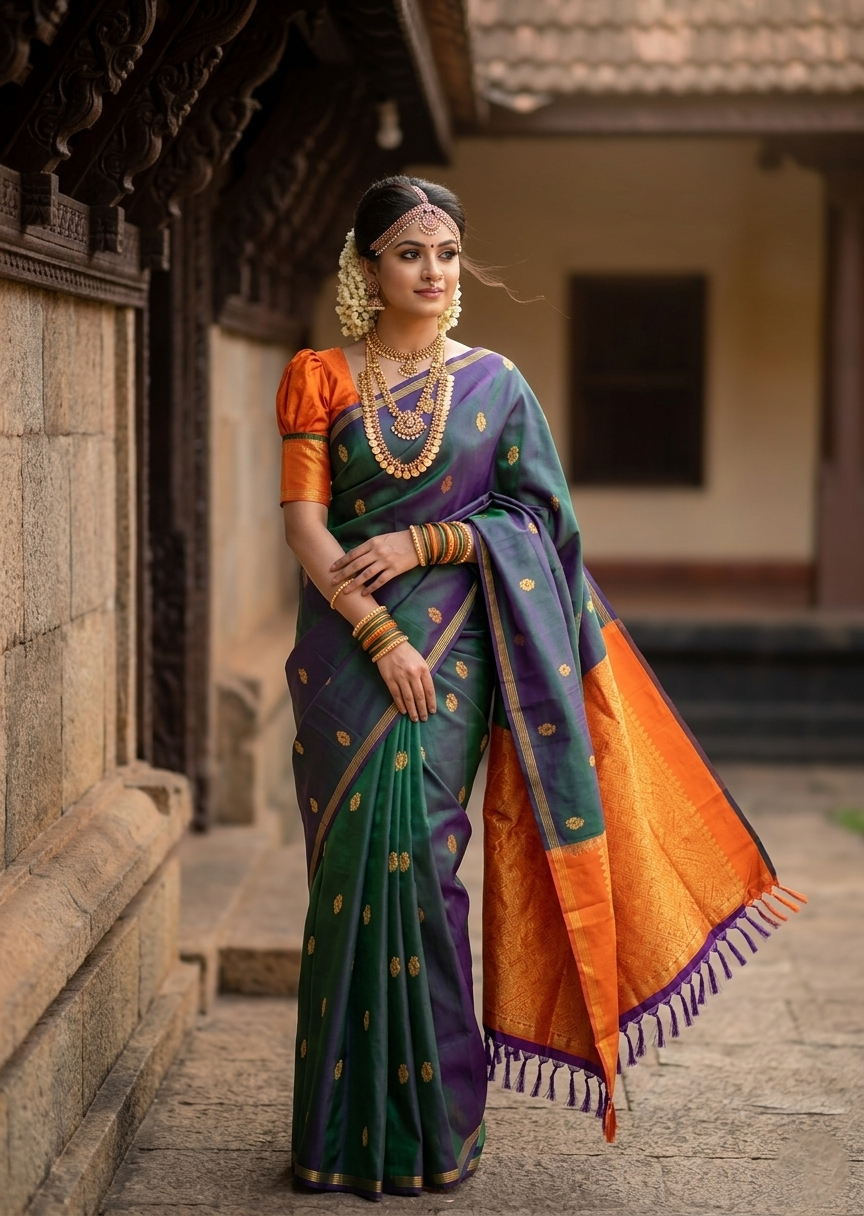 Southloom Pure Handloom Bridal Kanchipuram Silk Saree with Korvai Work (Blue & Orange)