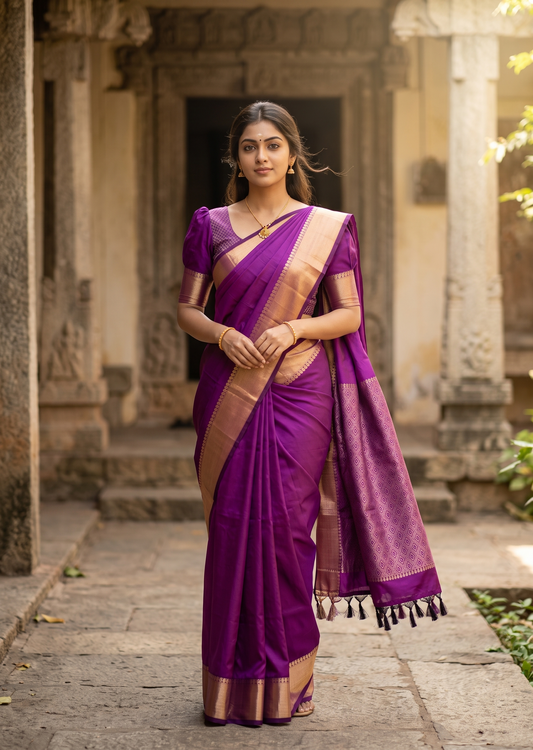 Southloom Silk Saree with Plain Body And Paisley Border in Purple SL552