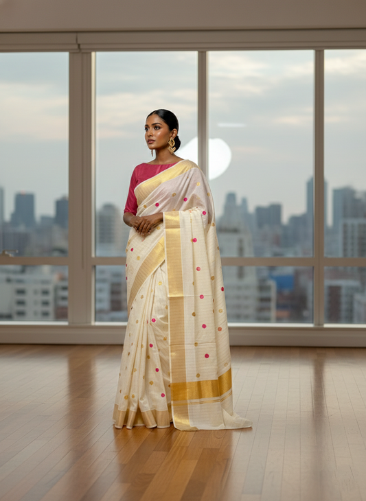 Southloom Kerala Pure Cotton Saree with Gold&Pink Polka Embroidery Works on Body