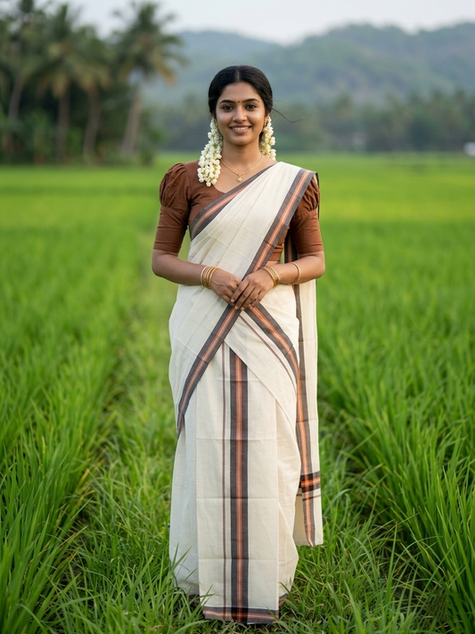 Southloom Pure Cotton Kerala Single Mulloth Set Mundu (Mundum Neriyathum) Brown Border in 2.80 mtrs SL243