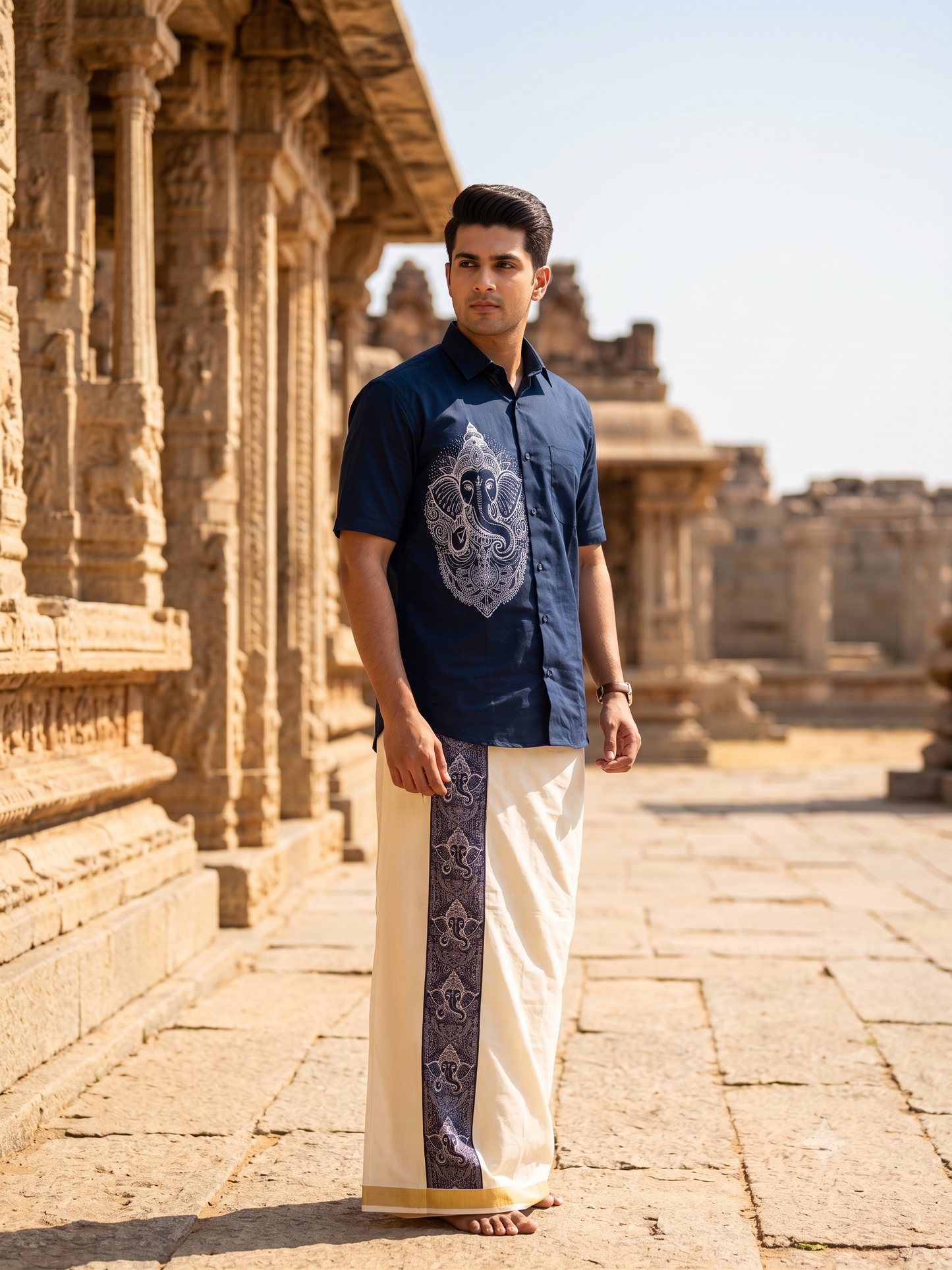 Southloom Ganesha Art Work Men's Combo (Shirt + Mundu)
