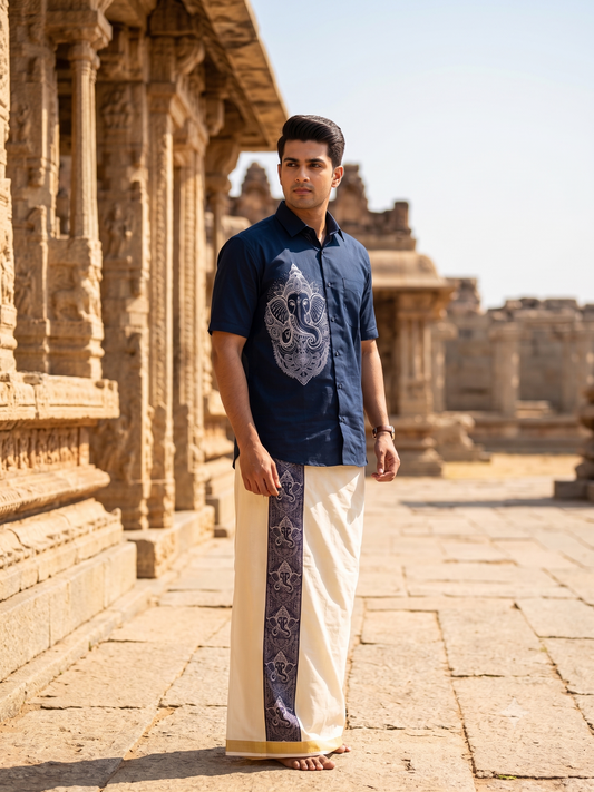Southloom Ganesha Art Work Men's Combo (Shirt + Mundu)