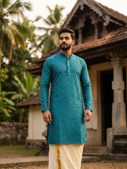 Southloom Peacock Blue  woven Semi Silk Short Kurta for Men SL590