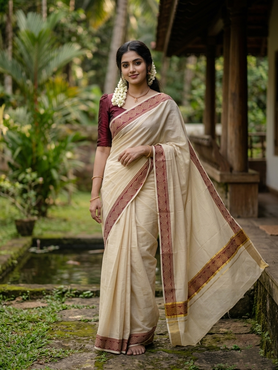 Southloom Kerala Tissue Kasavu Plain Saree Maroon Hand Printed SL350