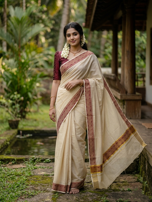 Southloom Kerala Tissue Kasavu Plain Saree Maroon Hand Printed SL350