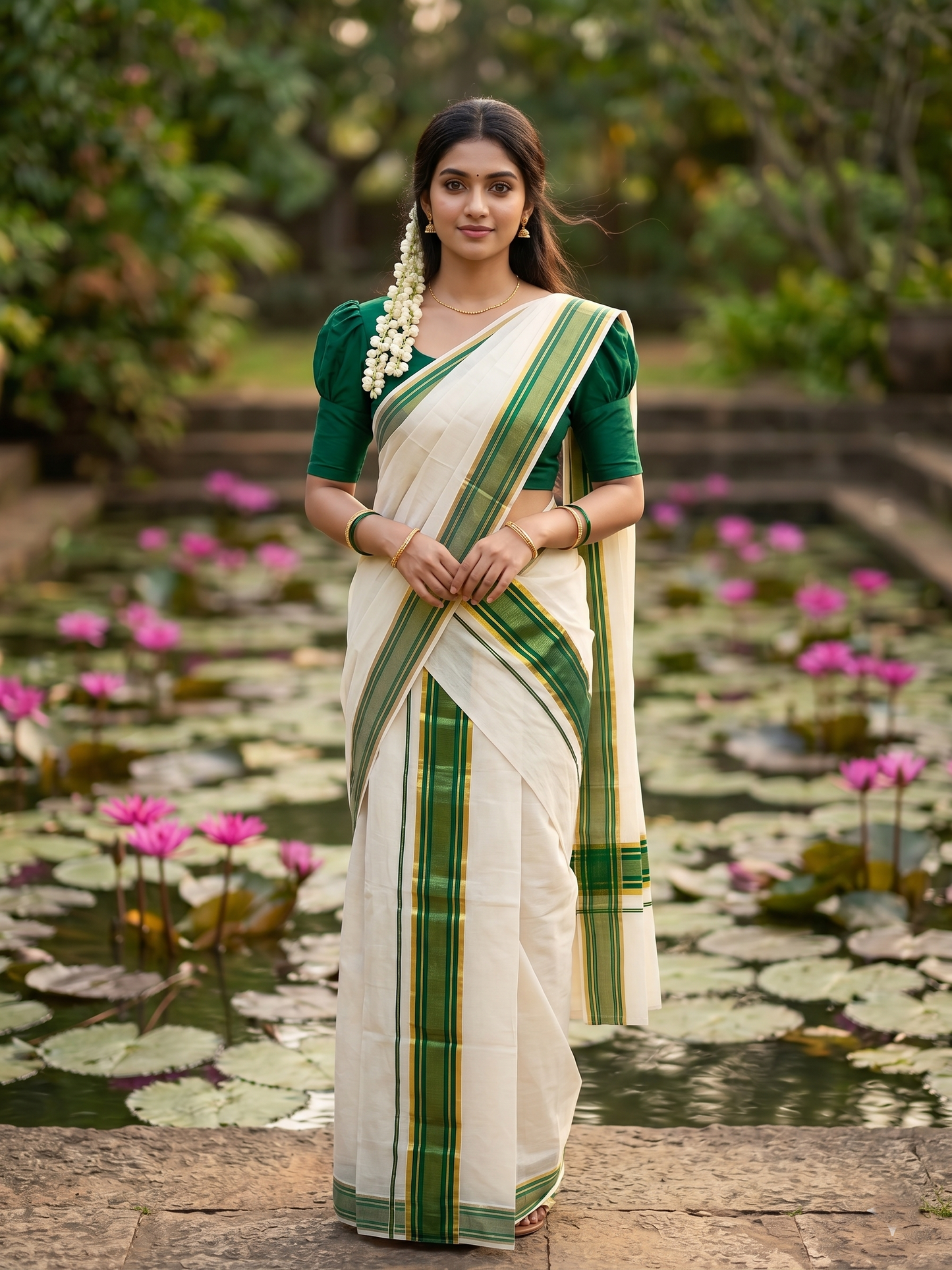 Southloom Kerala Cotton Kasavu Single Set Mundu (Mundum Neriyathum) with Green Kasavu Border SLKK