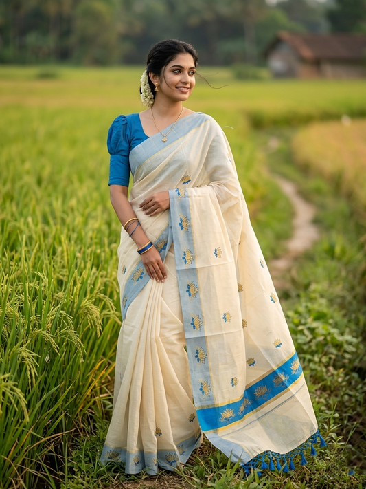 Southloom Kerala Tissue Kasavu Saree with Blue And Golden Lotus Embroidary Designs on Body SL273