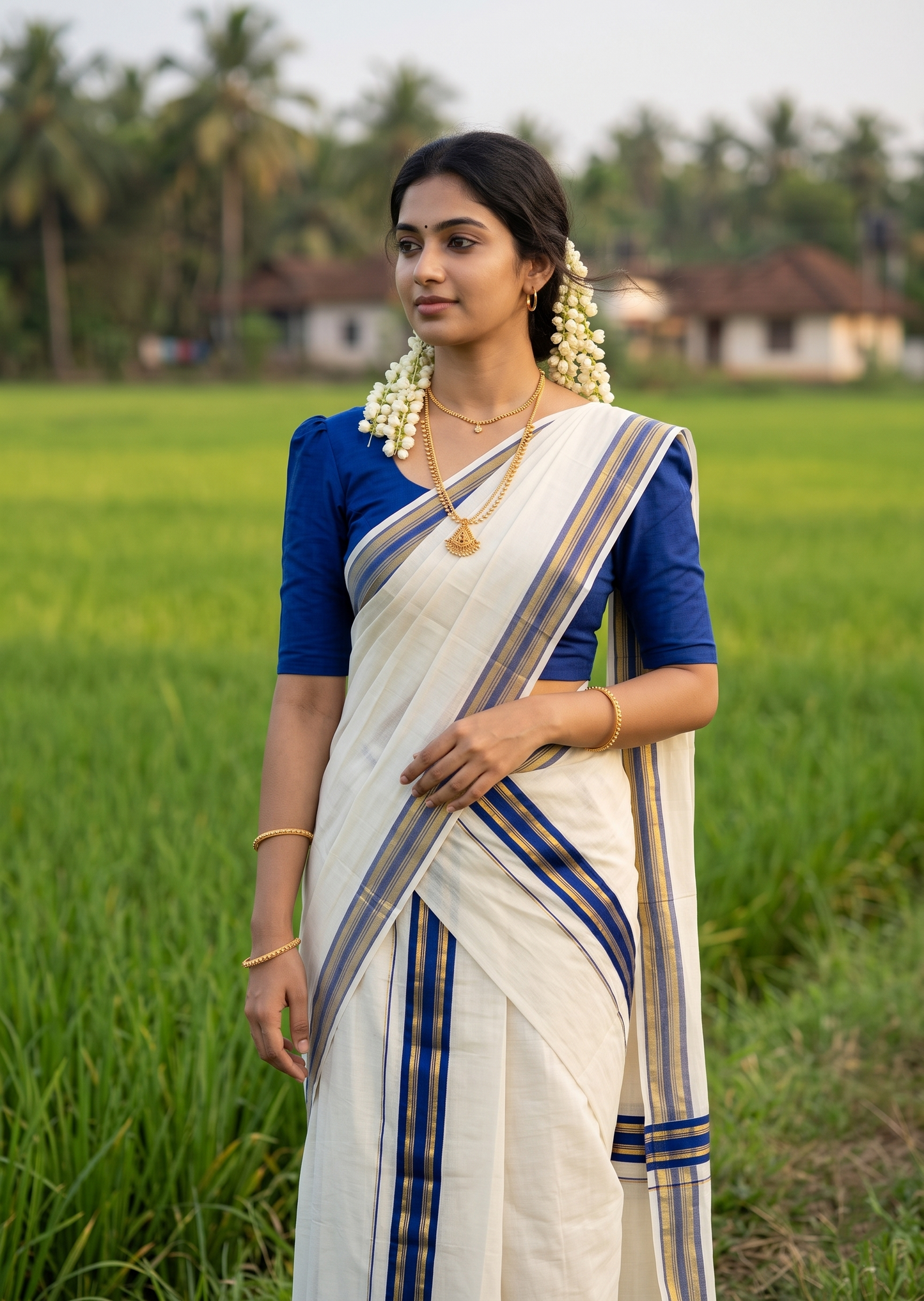 Southloom Kerala Cotton Single Set Mundu (Mundum Neriyathum) with Kasavu and  Green Border in 2.80 Mtrs SLKK SL470