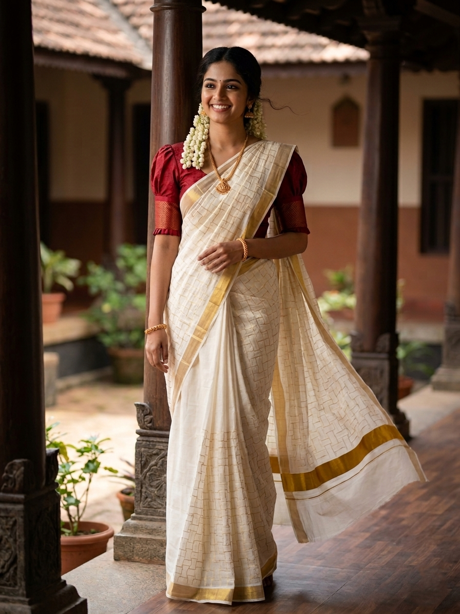 Southloom Cotton Kerala Kasavu Saree with Golden Embroidery Work on Body