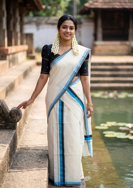 Southloom Pure Cotton Kerala Single Mulloth Set Mundu (Mundum Neriyathum) Black And Blue Border in 2.80 mtrs SL243
