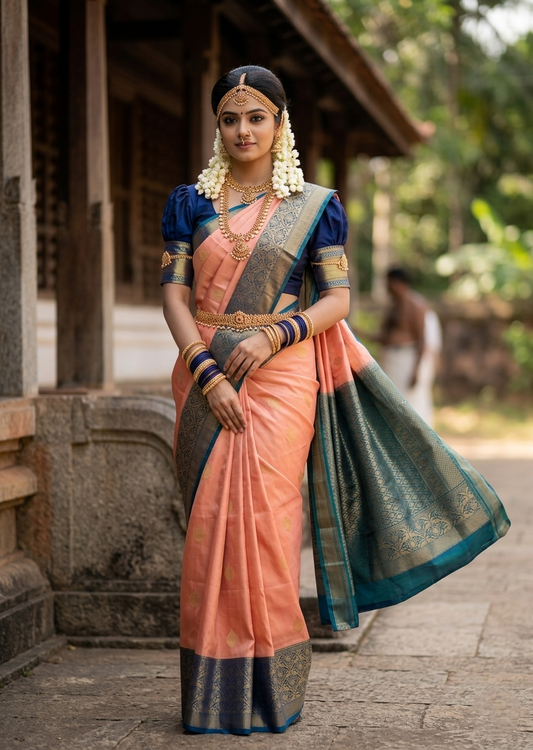 Southloom Premium Handloom Bridal Kanchipuram Silk Saree with Korvai Work (Peach & Blue)