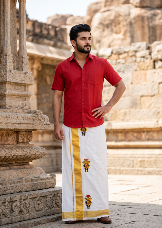 Southloom Kerala Cotton Elephant Digital Printed Double Mundu (South Indian Kerala Dhoti) SL567