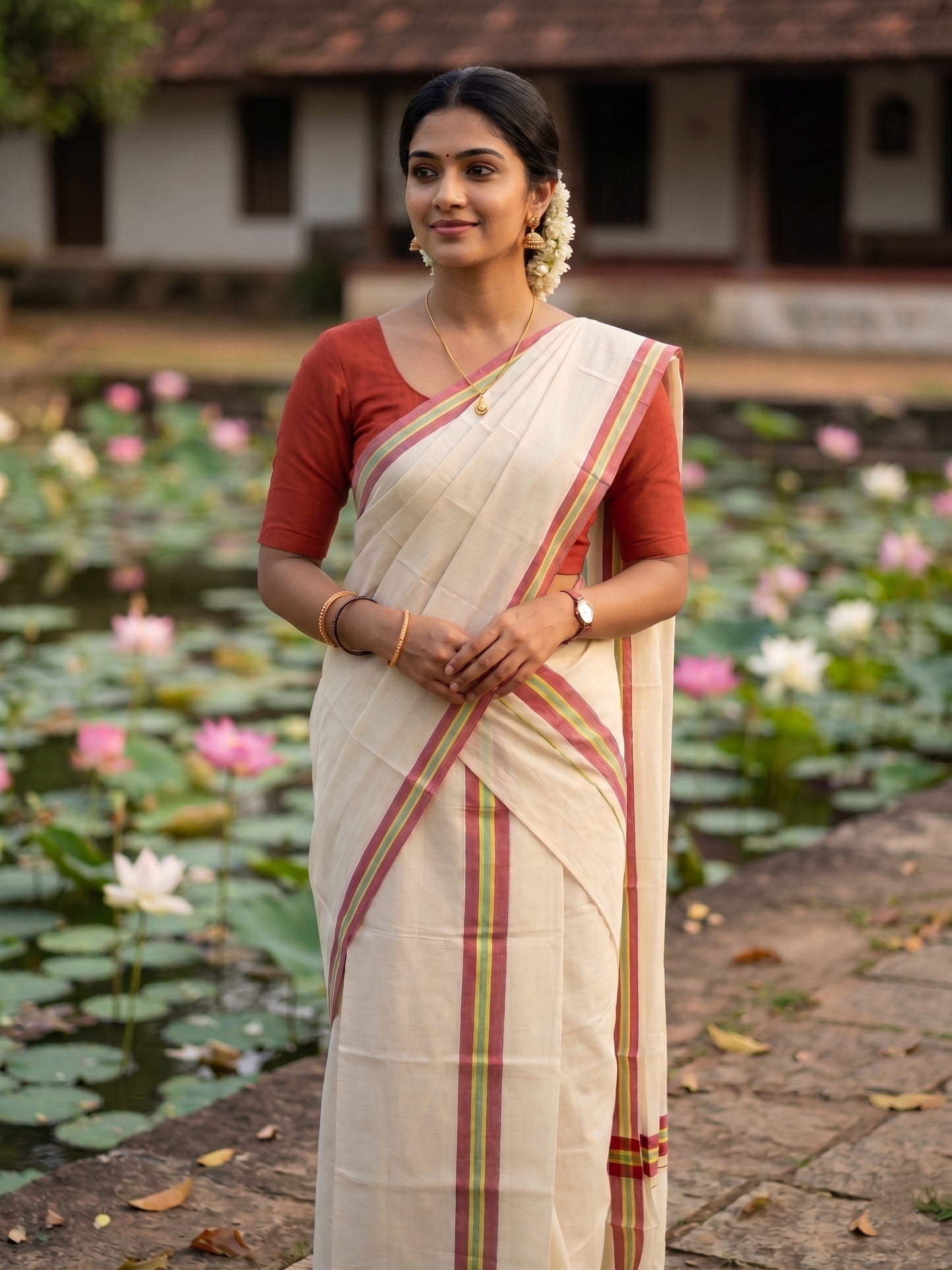 Southloom Kerala Mulloth Cotton Single Mundum Neriyathum with Red and Yellow Border