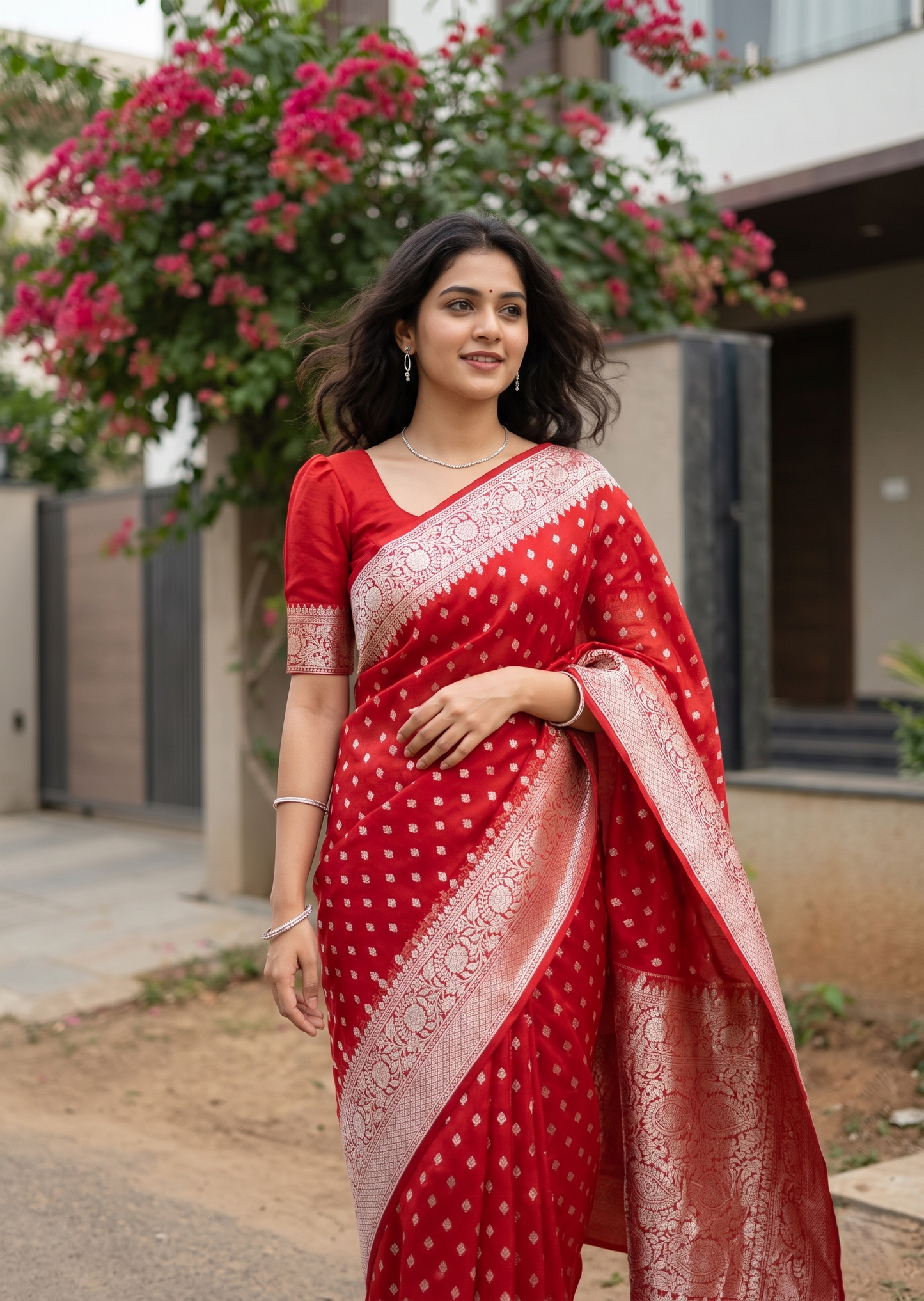 Southloom Cotton Banarasi Silk Saree with Woven Work on Body and Borders (Red)