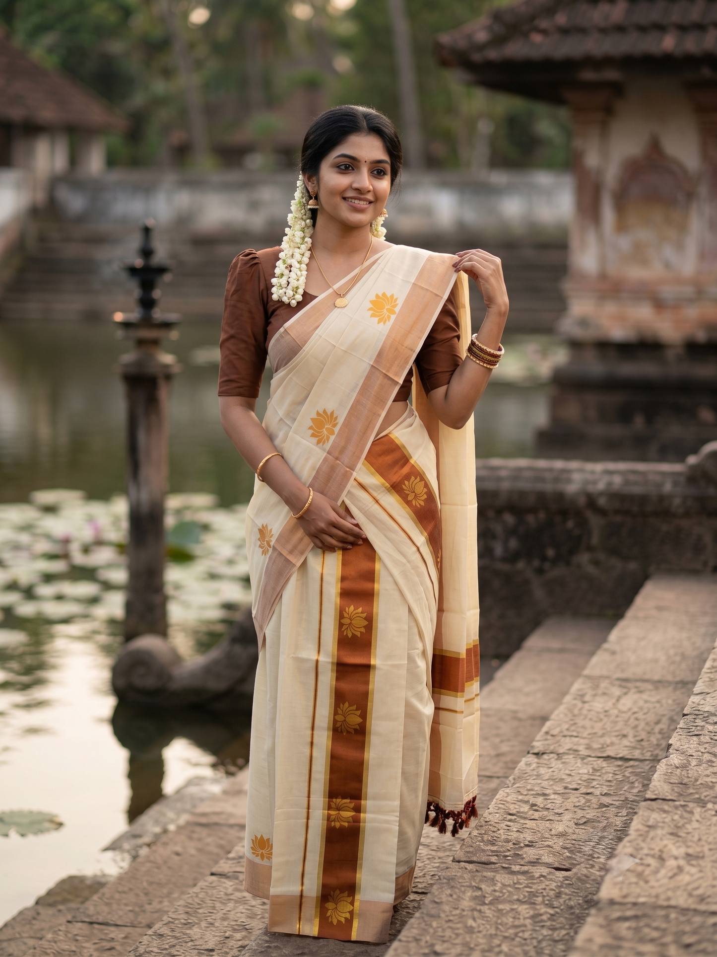 Southloom Kerala Cotton Kasavu Single Set Mundu (Mundum Neriyathum) with Lotus Design in Brown SL546