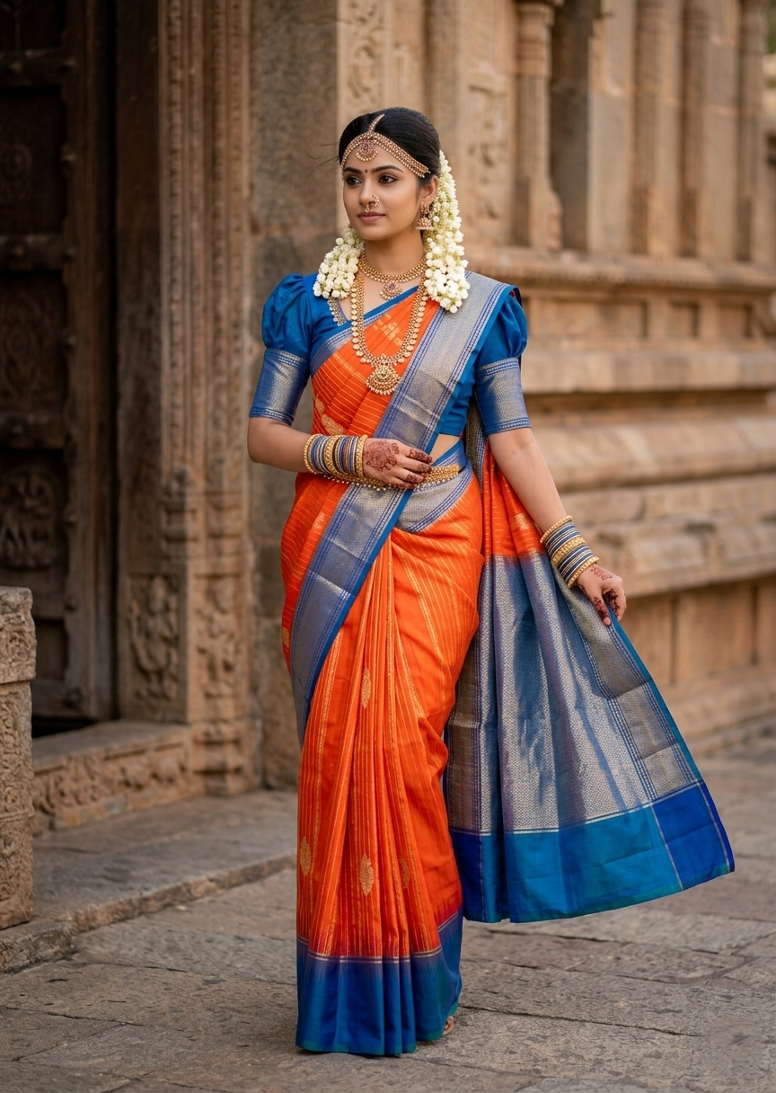 Southloom Pure Handloom Bridal Kanchipuram Silk Saree with Korvai Work (Orange & Blue)