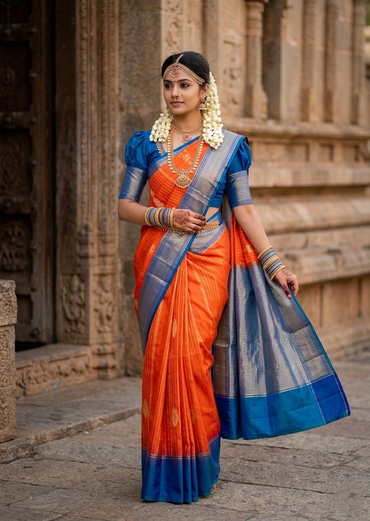 Southloom Pure Handloom Bridal Kanchipuram Silk Saree with Korvai Work (Orange & Blue)