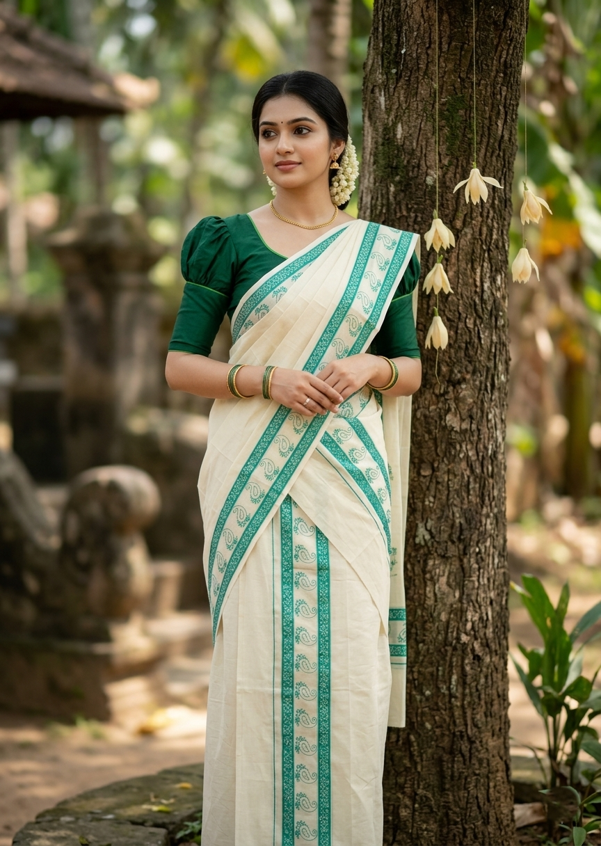 Southloom Cotton Single Set Mundu (Mundu Neriyathum) With Floral Digital Print in Green 2.80 Mtrs