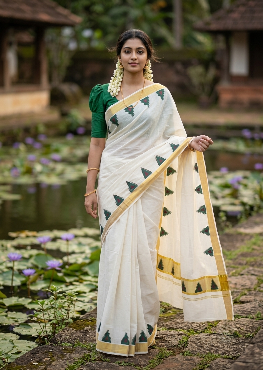 Southloom Cotton Kerala Kasavu Saree with Temple Digital Print In Green and Maroon Borders SL369