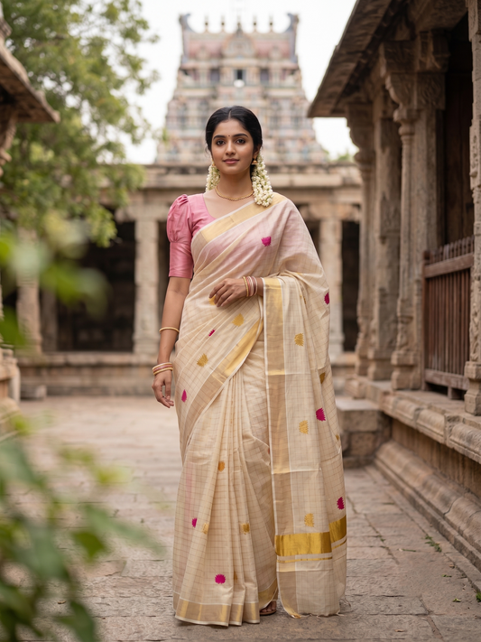 Southloom Kerala Tissue Kasavu Check Saree with Pink Lotus Embroidery Works SL524