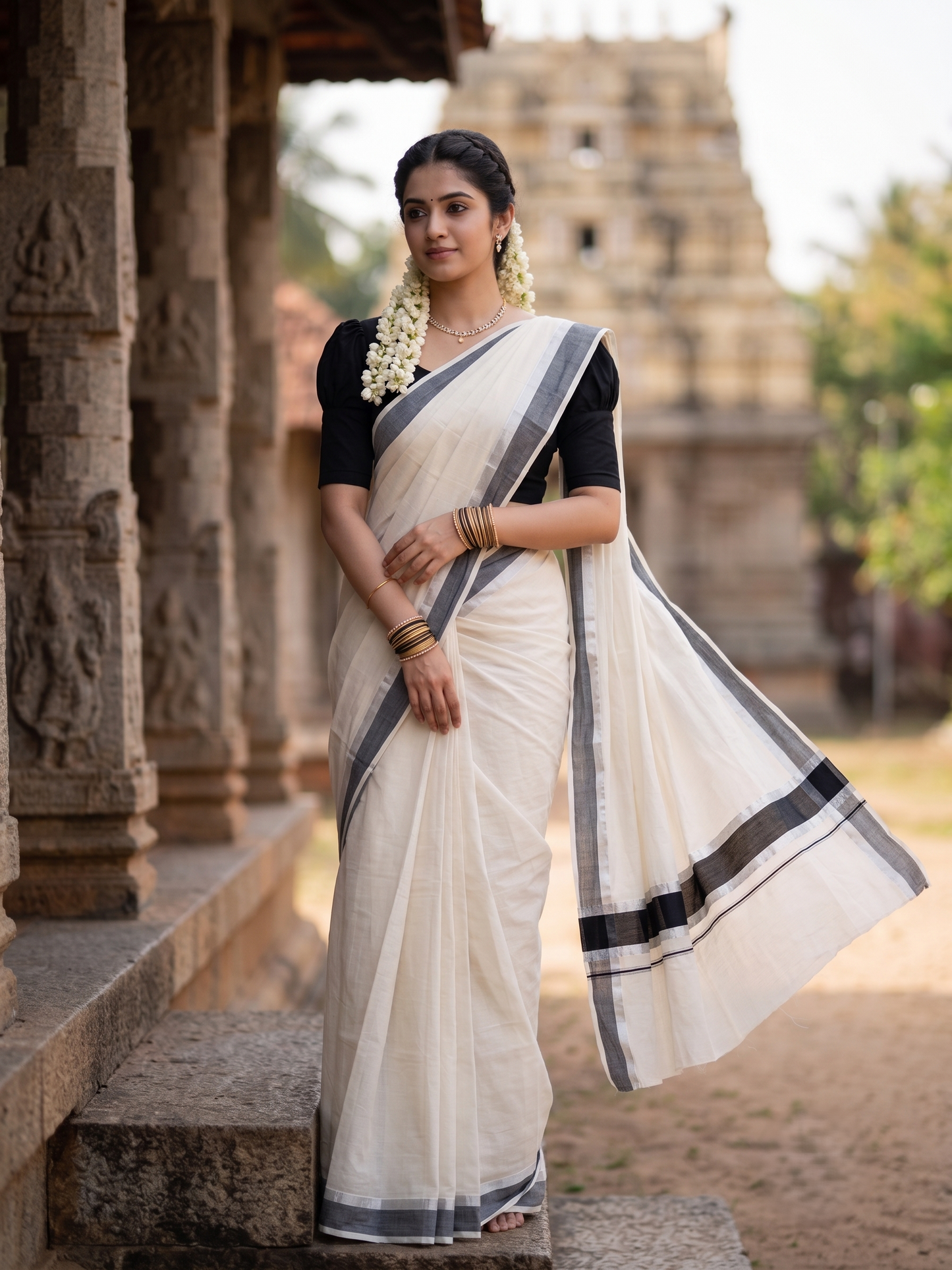 Kerala Pure Cotton Plain Saree with Silver Kasavu and Black Border