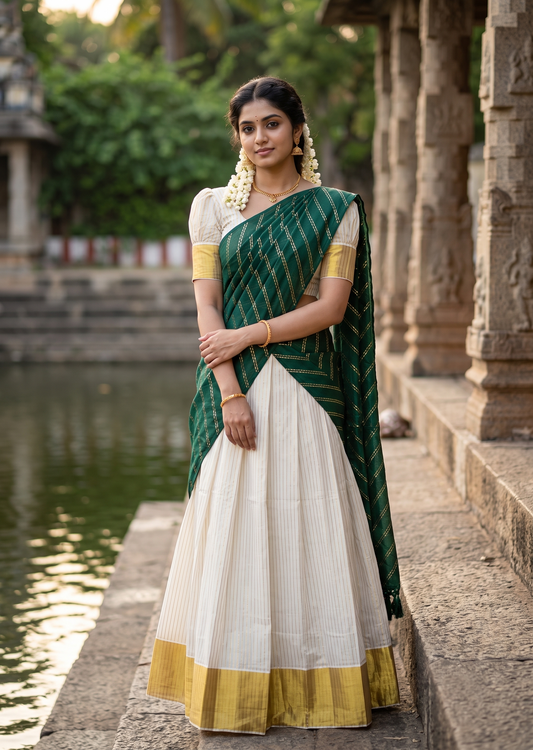 Southloom Semi UnStitched Cotton Stripes Dhavani Set with Pavada and Blouse Piece
