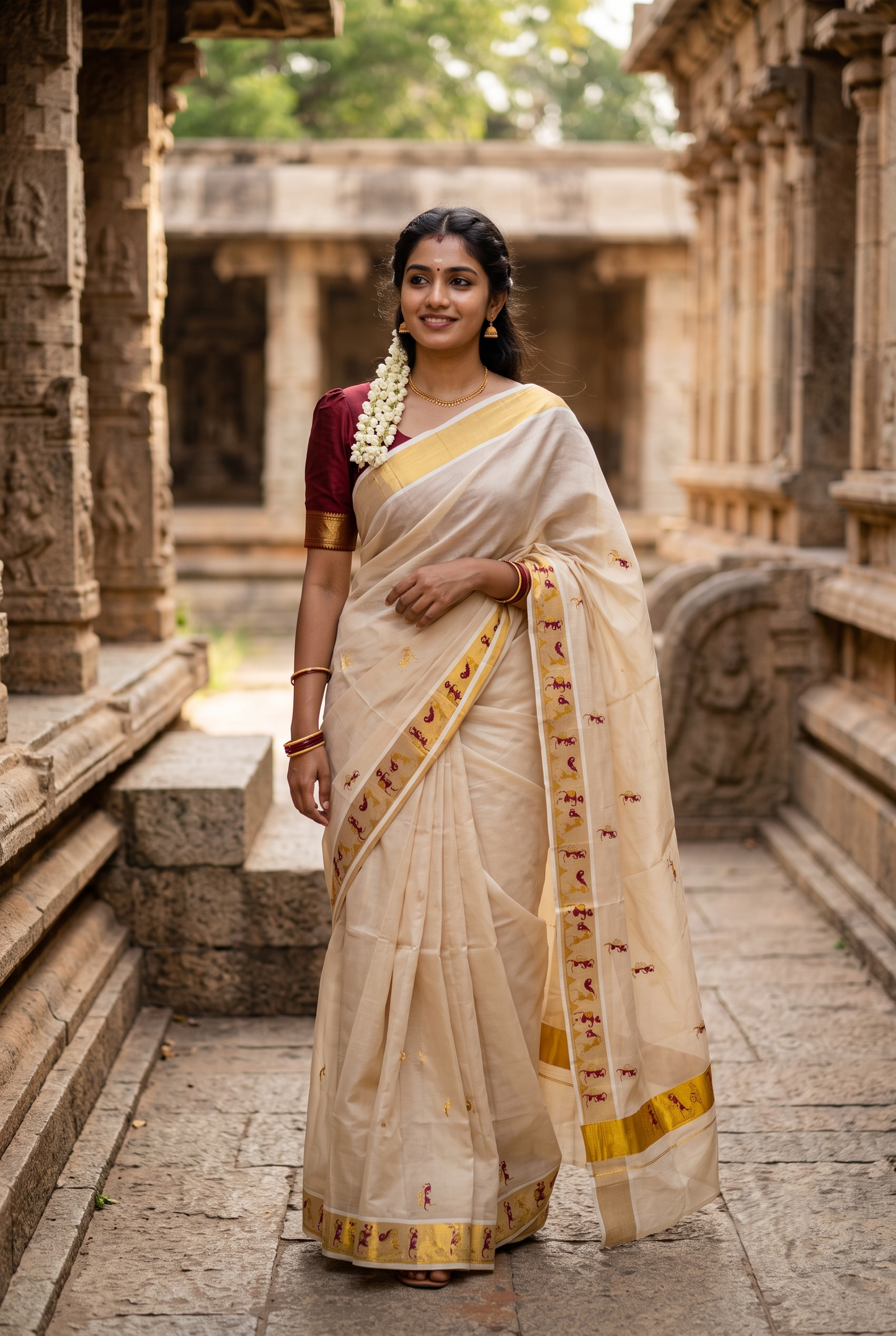Southloom Kerala Tissue Kasavu Saree with Tribal Folk Art Embroidery Work on Body