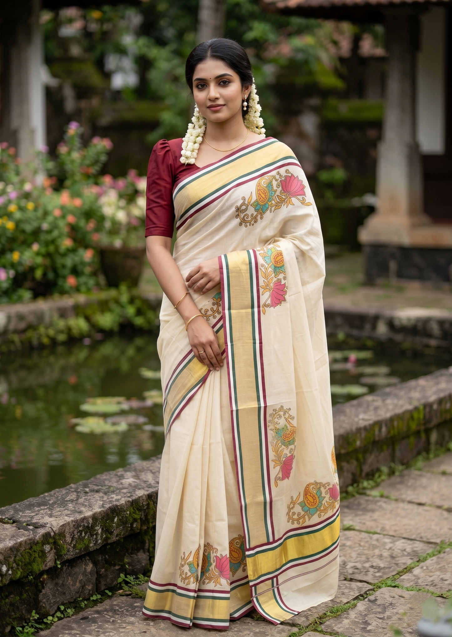 Southloom Kerala Tissue Kasavu Saree with Floral Digital Prints on Border SL428