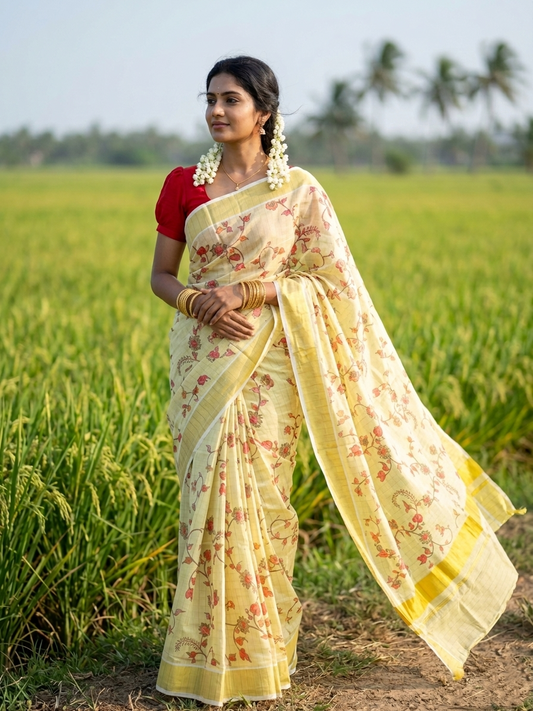 Southloom Tissue Check Kalamkari Print Kerala Kasavu Saree in Red