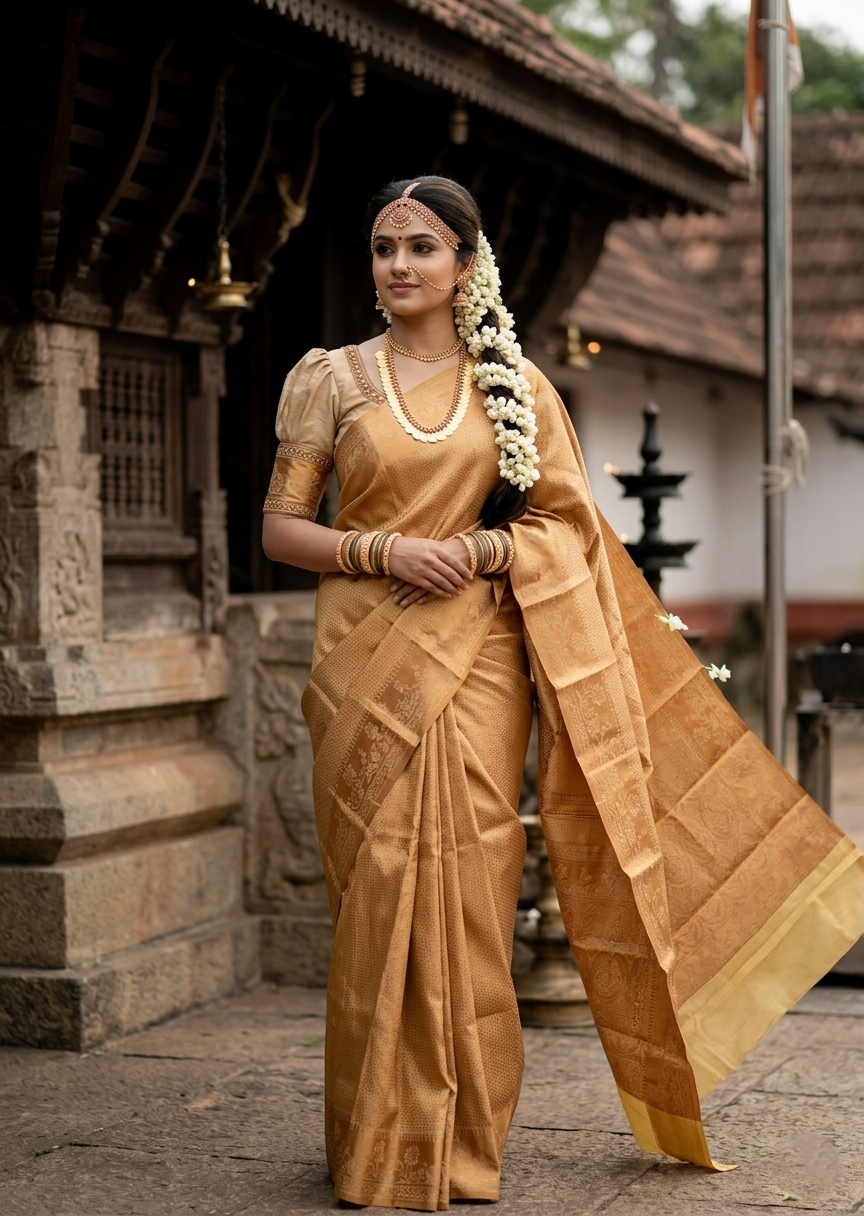 Southloom Brocade Silk Bridal Saree WIth Woven Borders And Blouse Piece in Gold And Yellow