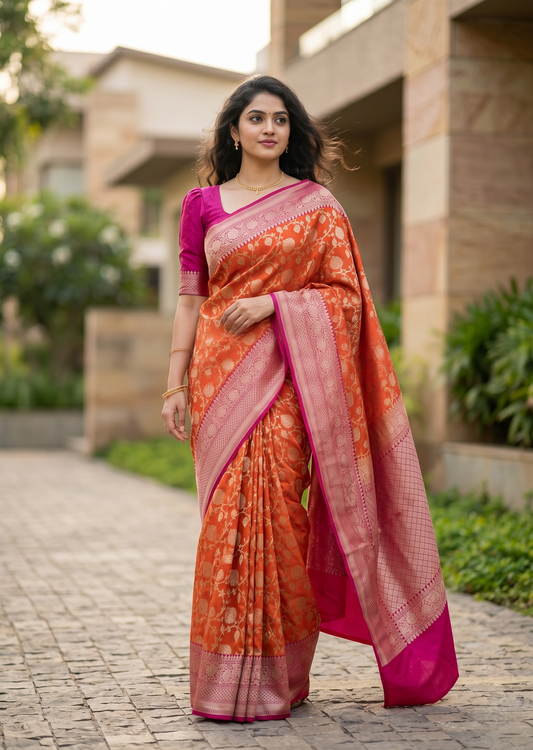 Southloom Pure Banarasi Silk Saree with Woven Work on Body and Borders (Orange And Magenta)