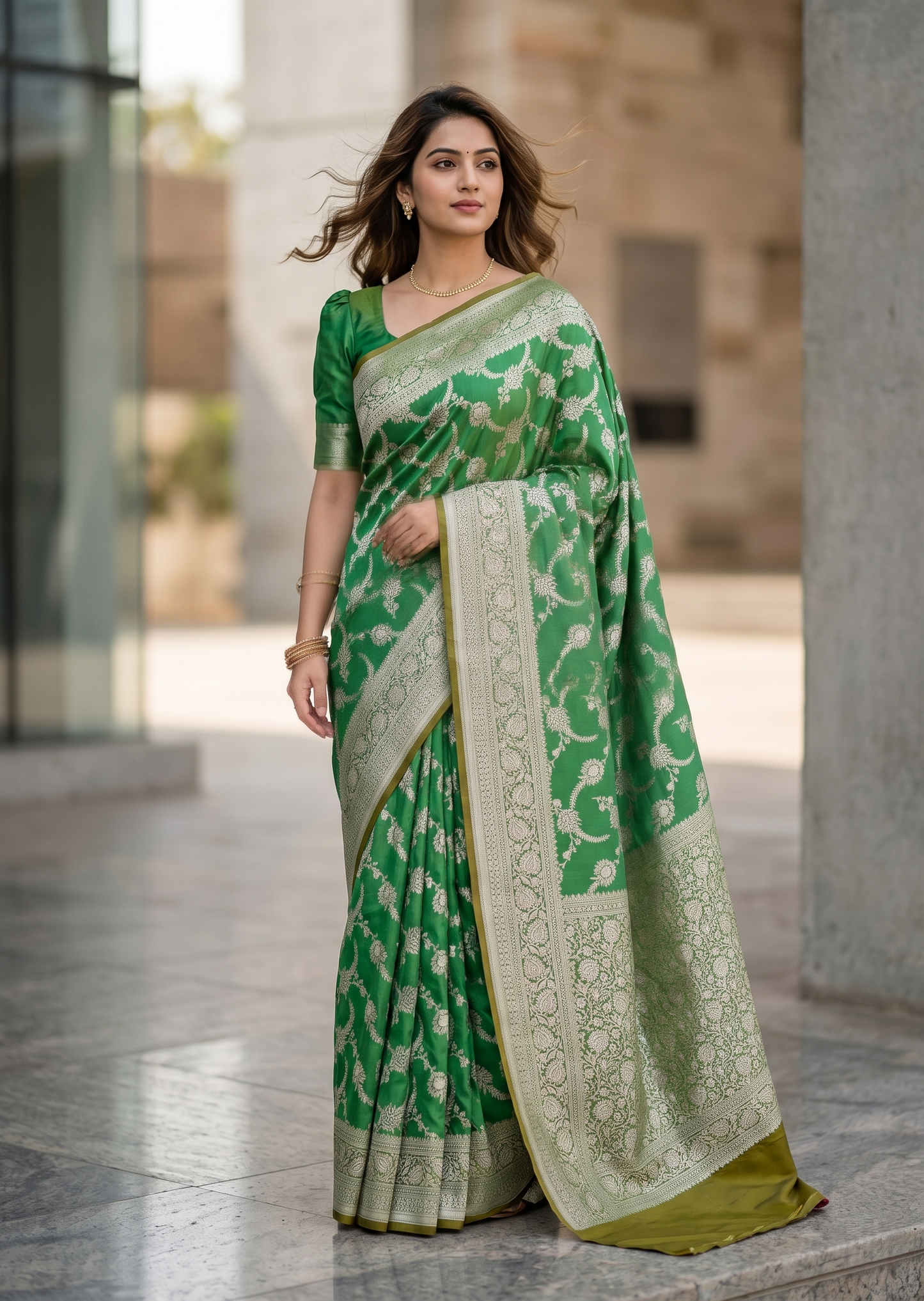 Southloom Pure Banarasi Silk Saree with Woven Work on Body and Borders (Green)
