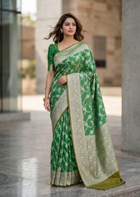 Southloom Pure Banarasi Silk Saree with Woven Work on Body and Borders (Green)
