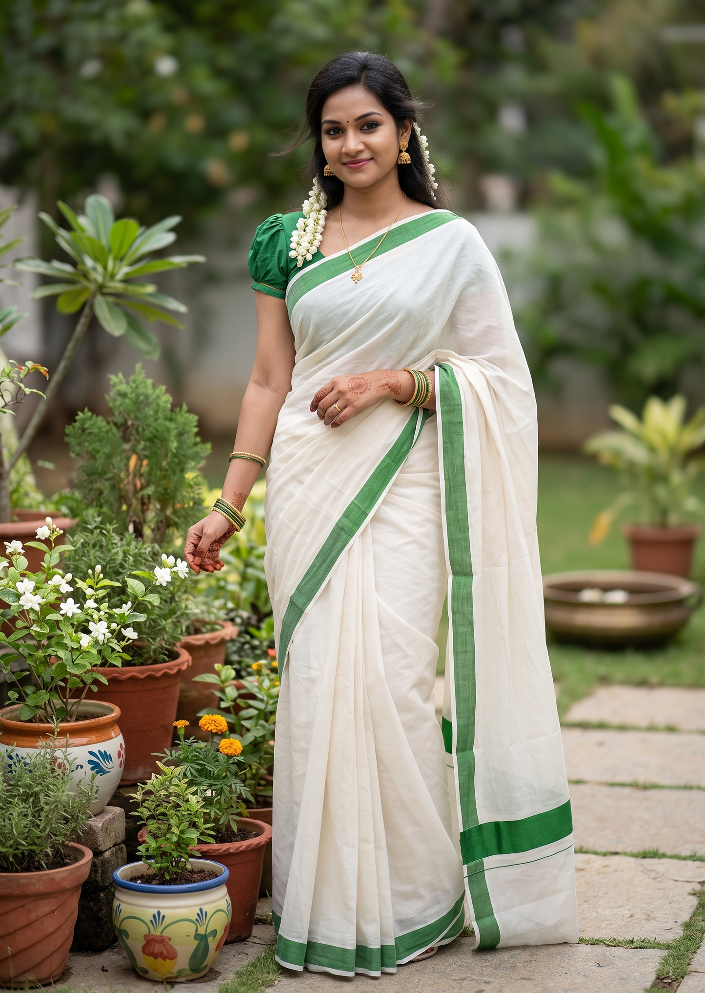 Southloom Pure Cotton Kerala Plain Saree with Green 3x3 Border