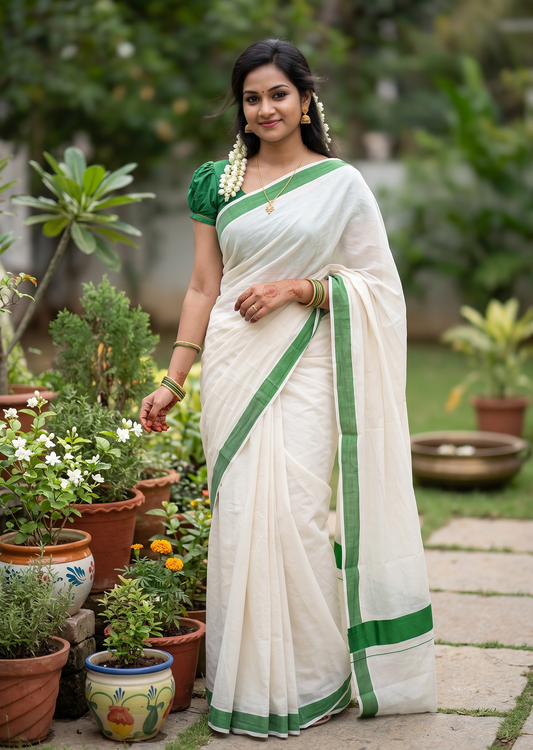 Southloom Pure Cotton Kerala Plain Saree with Green 3x3 Border