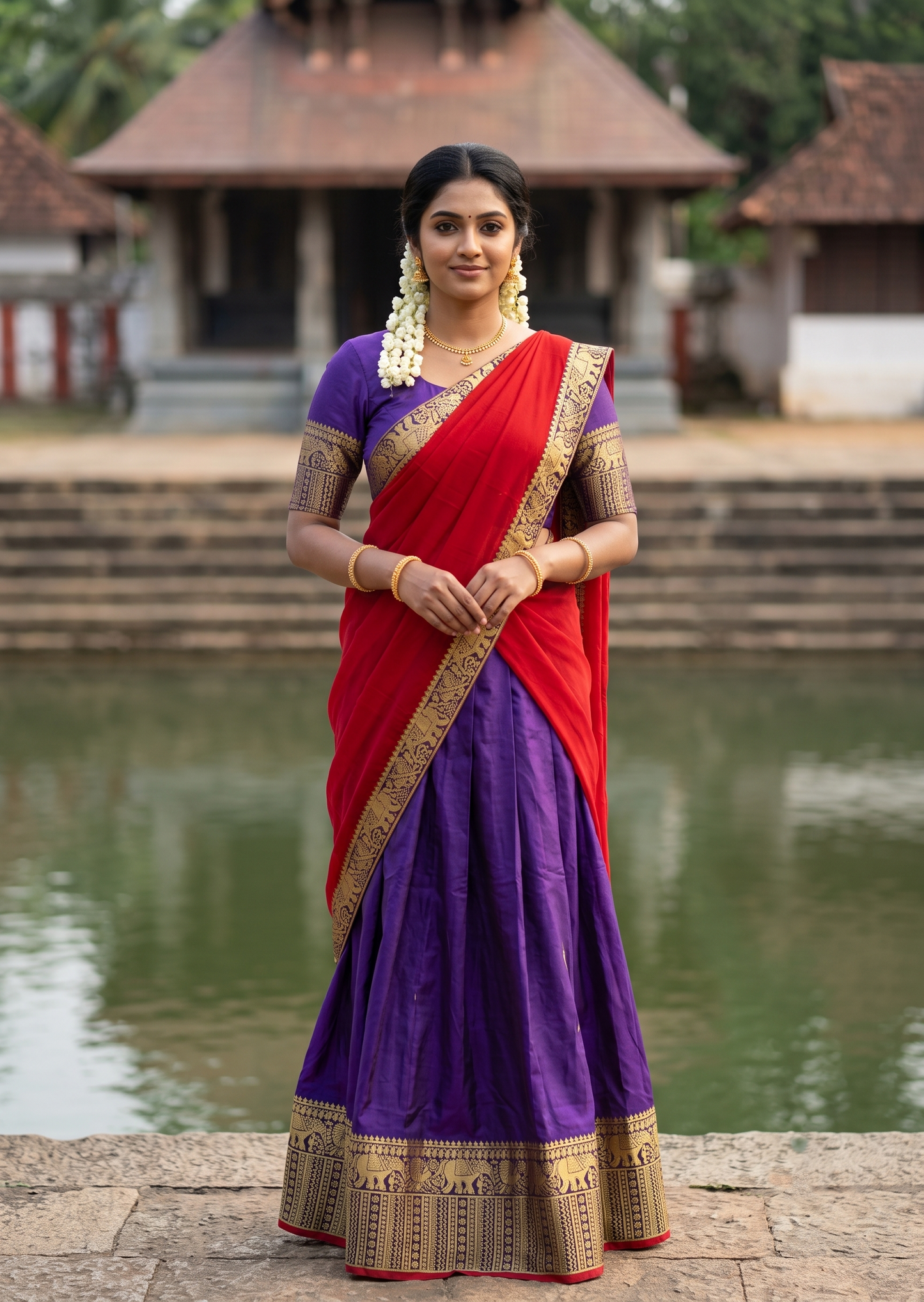 Southloom Semi Stitched Narayanpet Dhavani Set with Pavada and Violet Blouse Piece SLDHAVANI SL541