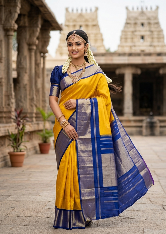 Southloom Premium Handloom Bridal Kanchipuram Silk Saree (Yellow)