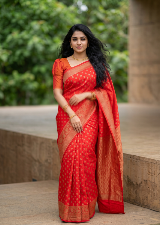 Southloom Munga Silk Saree with Woven Work on Body and Borders (Orange)