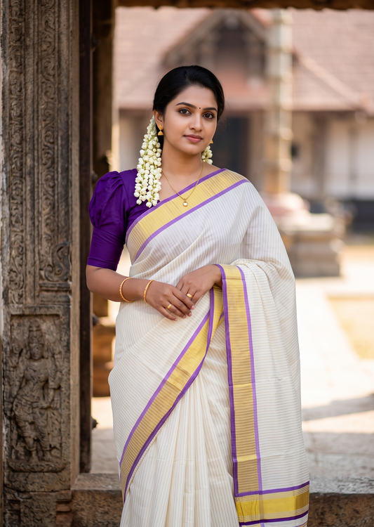 Southloom Kerala Cotton Kasavu Saree with Stripes on Body in Violet and Lavender SL528