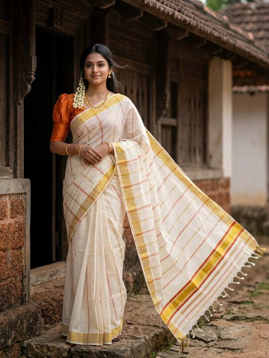 Southloom Kerala Cotton Kasavu Saree with Gold And Orange Lines on Body SL331