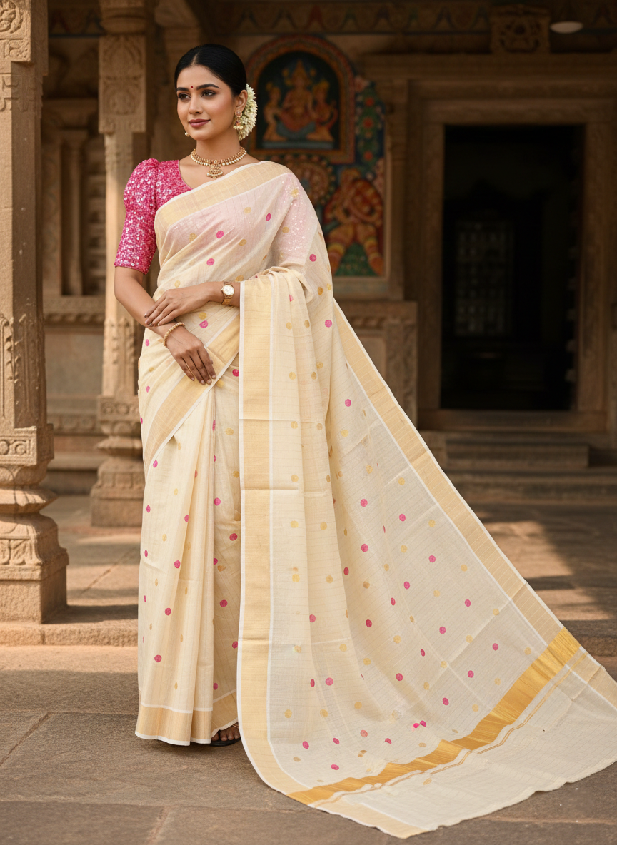 Southloom Kerala Tissue Kasavu Saree with Gold & Pink Polka Embroidery Works on Body SL281