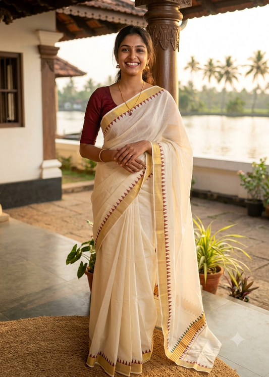 Southloom Kerala Cotton Kasavu Saree with Maroon And Green Prints On Border