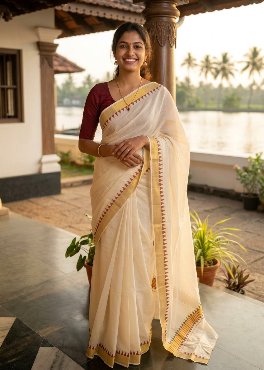 Southloom Kerala Cotton Kasavu Saree with Maroon And Green Prints On Border