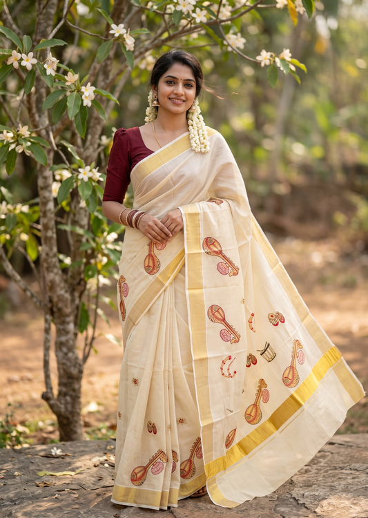 Southloom Kerala Tissue Brown&Red Veena Embroidery Saree SL302