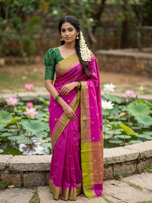 Southloom Semi Silk Saree With Butta Work Across Body in Magenta And Olive Green