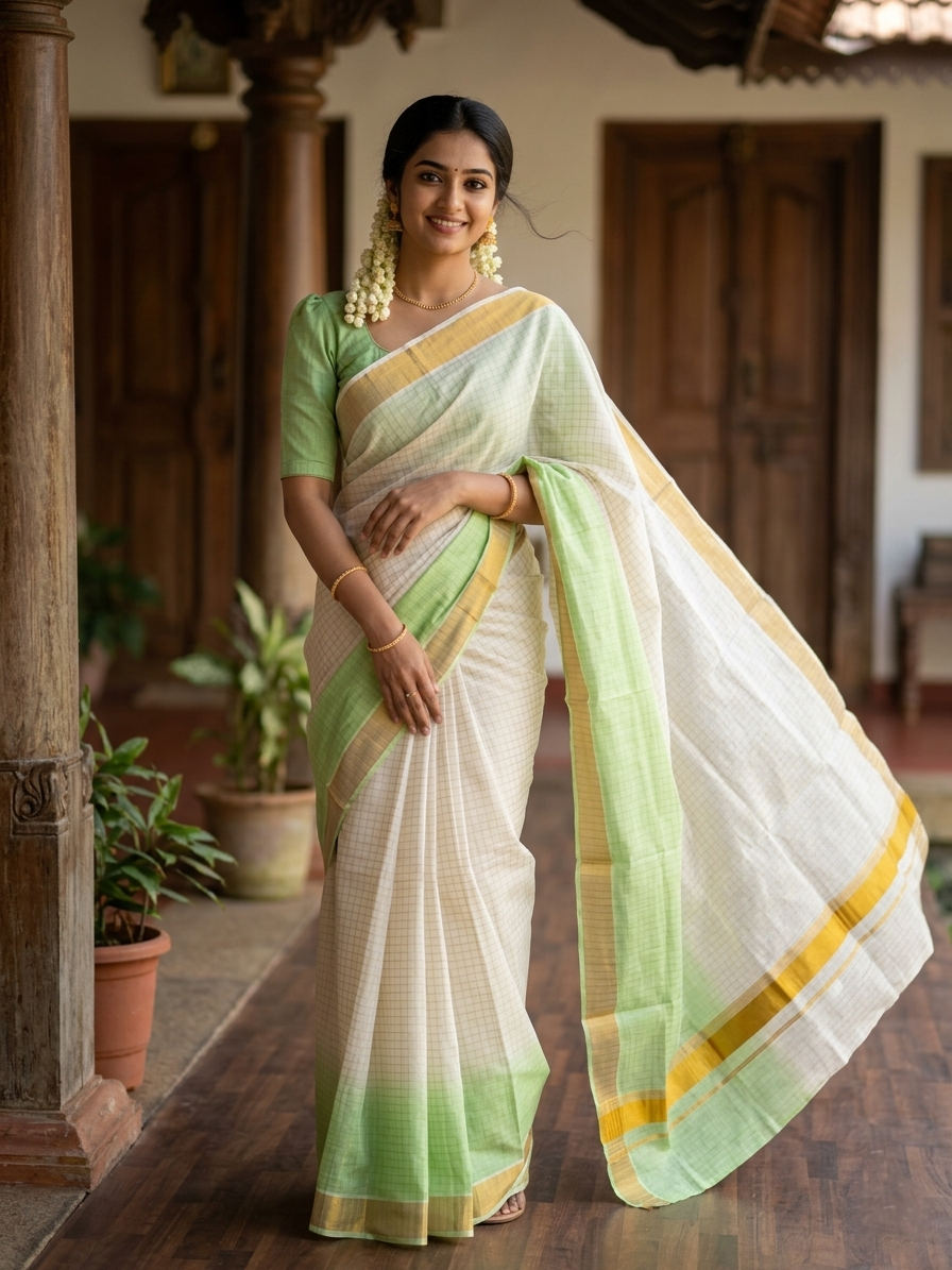 Southloom Cotton Tie & Dye - Half & Half Green Design Saree with Kasavu Checks Across Body SL264
