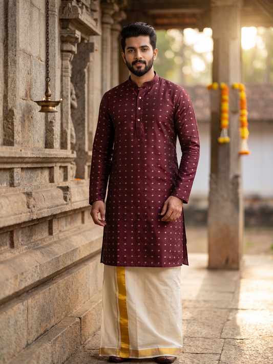 Southloom Maroon Woven Semi Silk Short Kurta for Men SL590