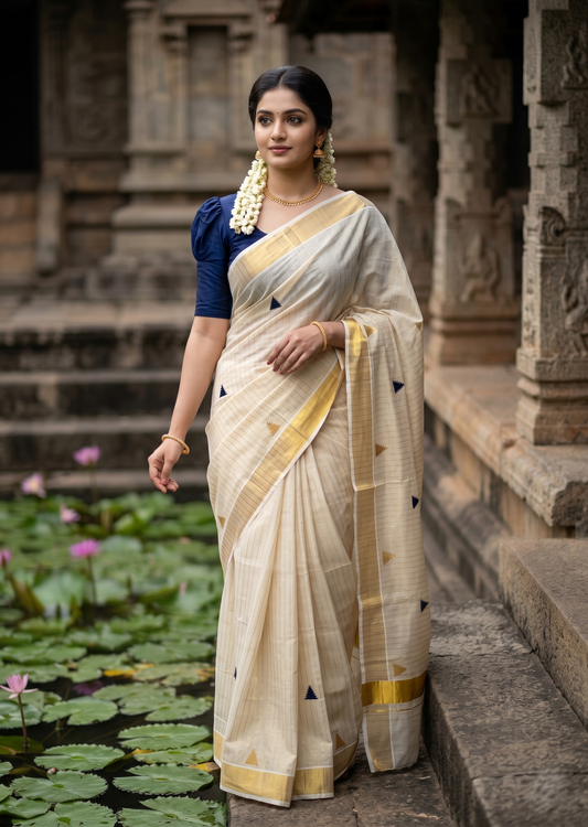 Kerala Tissue Kasavu Stripes Saree with Blue and Gold Temple Embroidery Design on Body SL432