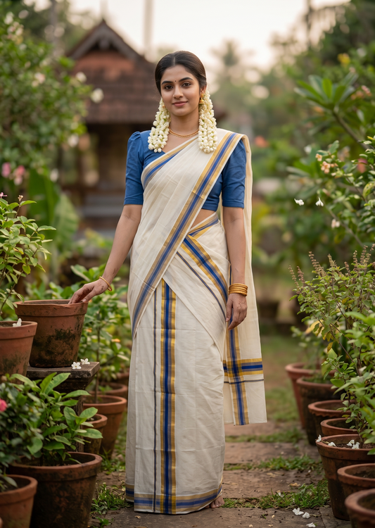 Southloom Kerala Cotton Mundum Neriyathum Single (Set Mundu) with Blue and Kasavu Border 2.80 Mtrs SLKK