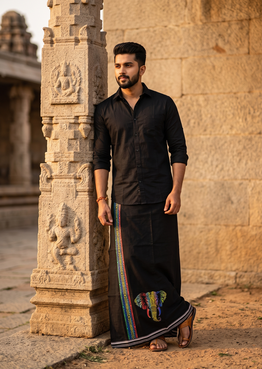 Southloom Black Neon Printed Single Mundu / Otta Mundu / Lungi (South Indian Kerala Dhoti)